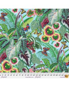 Treasure Island: Tropical Leaves Butterflies Aqua -- Free Spirit Fabrics pwsl105.aqua