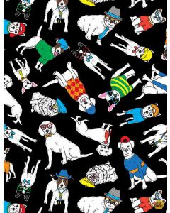 Dapper Dog: Tossed Cartoon Dogs in Hats Sweaters -- Timeless Treasures Fabric dog-c8919 black