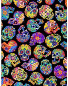 Sugar Skulls: Colorful Day of the Dead Skulls - Timeless Treasures Fabricsfun-c1209 black