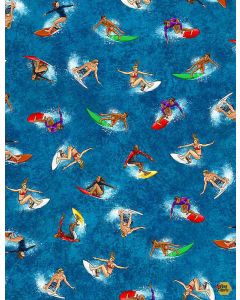 Summer Sports: People Surfing on the Ocean -- Timeless Treasures Fabrics GM-c1170 blue