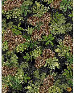 Holiday Spice: Small Metallic Pinecone Bouquets -- Timeless Treasures Fabrics holiday-cm8513 black
