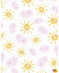 Raindrops & Sunshine: Suns & Clouds White/Pink -- Wilmington Prints 68552-135 